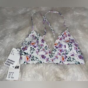 H&M Floral Print Scalloped Edge Bikini Swimsuit Top Adjustable Straps Cute